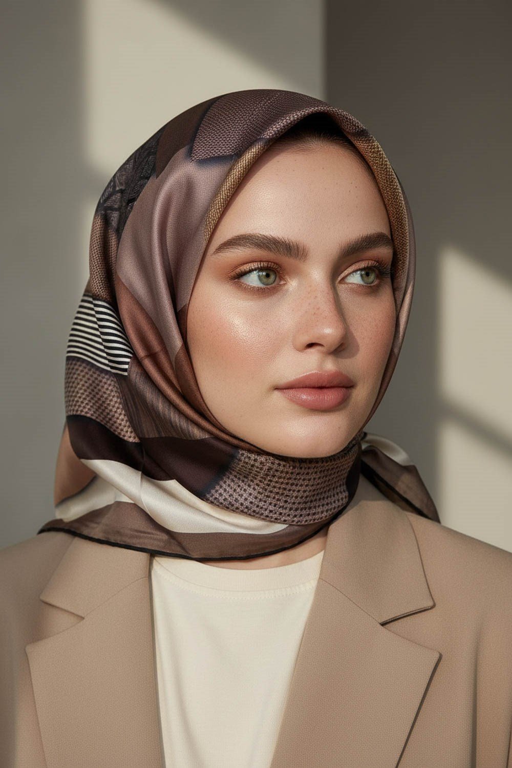%100 Twill İpek Geometrik Desenli Bakır - Bej Renkli 90x90 Eşarp Dikim Şekli : El Dikişi
