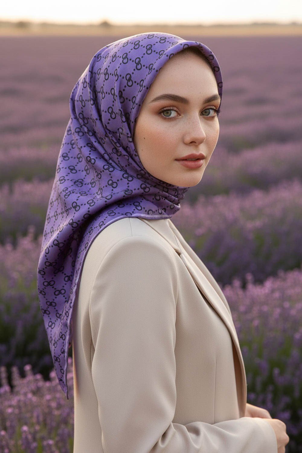%100 Twill İpek Geometrik Desenli Lila Renkli 90x90 Eşarp Dikim Şekli : El Dikişi