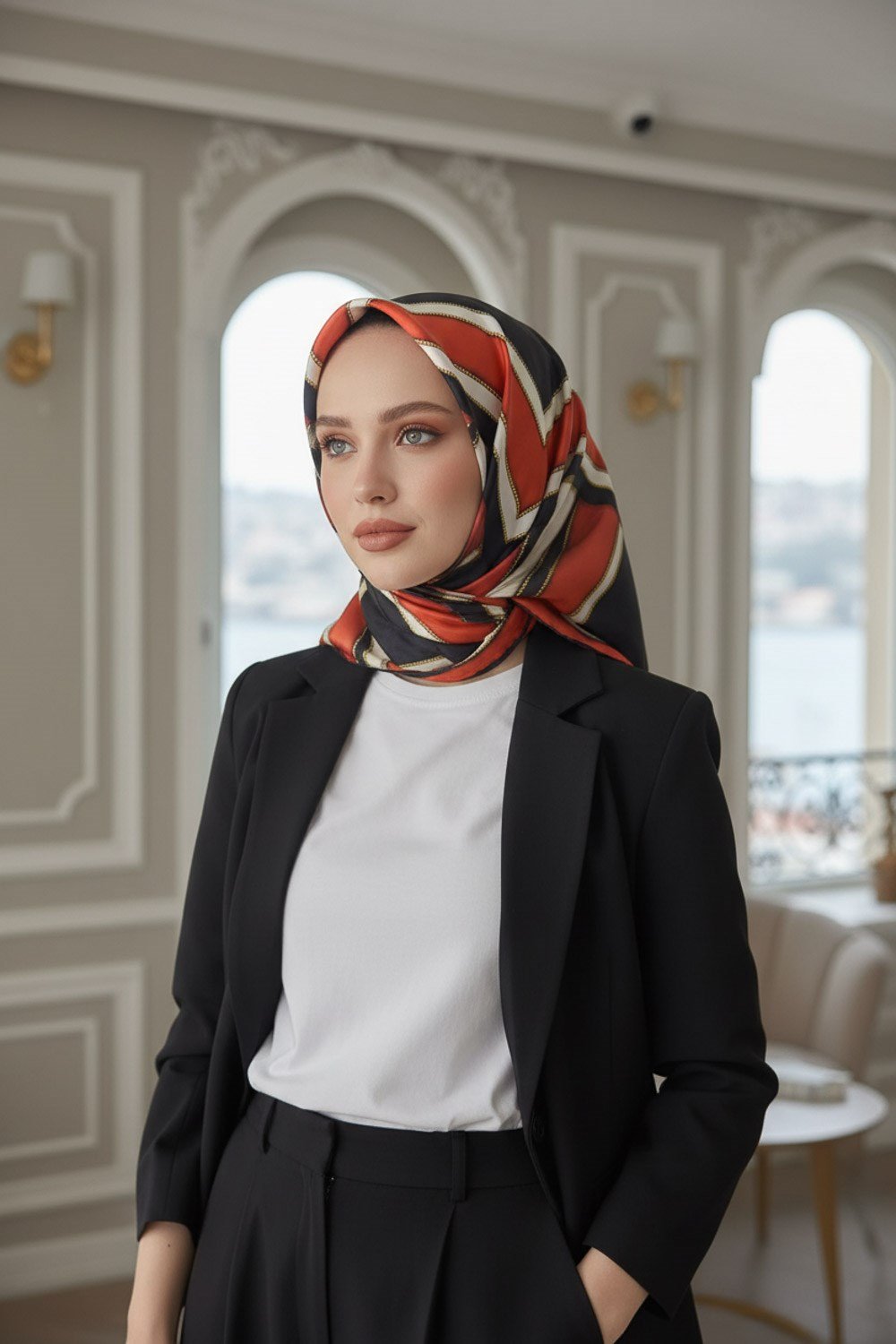 %100 Twill Geometrik Monogram Desenli Siyah - Taba Renkli 90x90 Eşarp Kenar Dikiş Şekli : El Dikişli