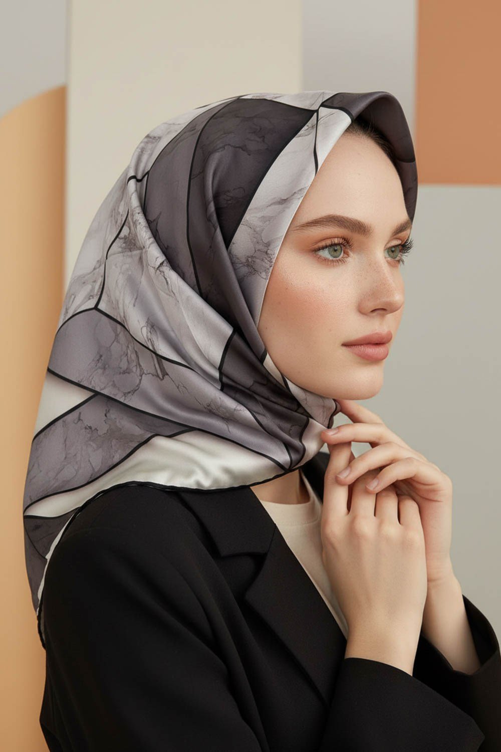 Rayon Mermer Desenli Siyah - Krem Renkli 90x90 Eşarp (İpek İçermez) Kenar Dikiş Şekli El Dikişli