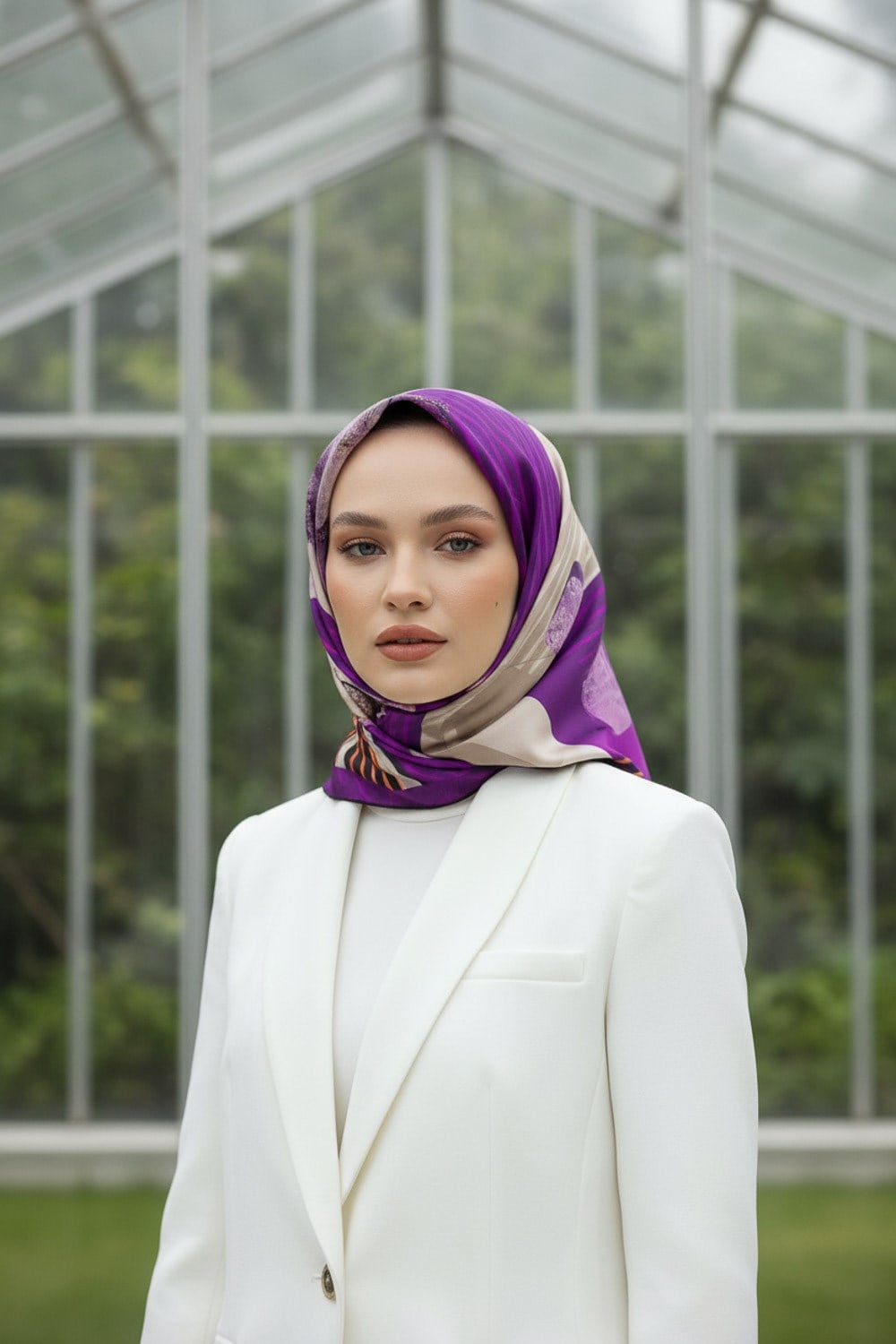 %100 Twill İpek Geometrik Desenli Mürdüm - Turuncu Renkli 90x90 Eşarp Dikim Şekli : El Dikişi