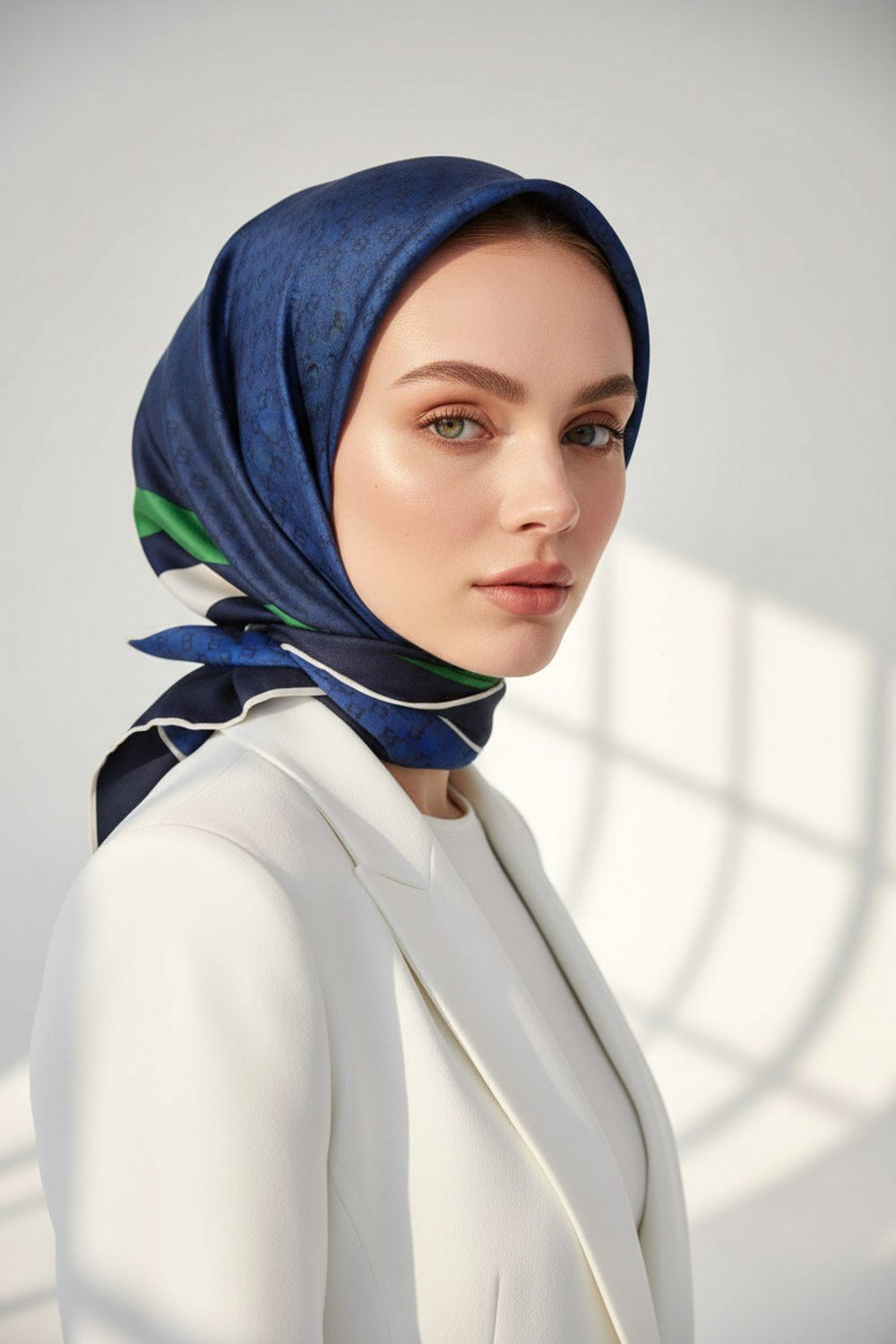 %100 Twill İpek Degrade Desenli Lacivert - Zümrüt Yeşili Renkli 90x90 Eşarp Dikim Şekli : El Dikişi