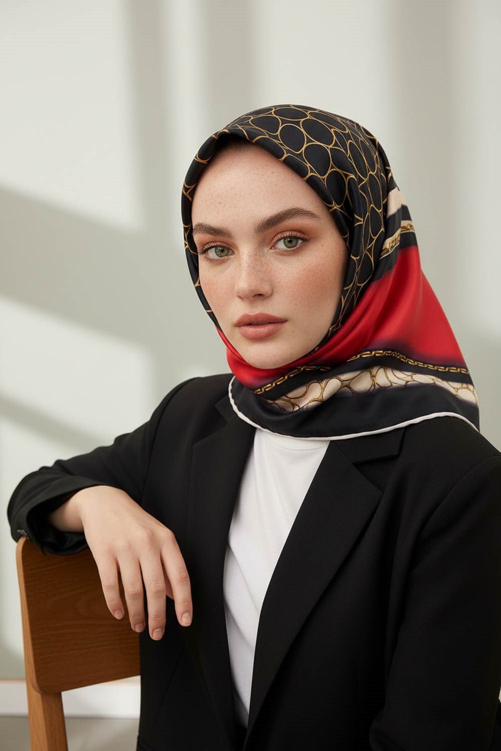 % 57 İPEK % 43 VİSKON Twill İpek Gold Halka Desenli Kırmızı - Siyah Renkli 90x90 Eşarp Dikim Şekli : El Dikişi