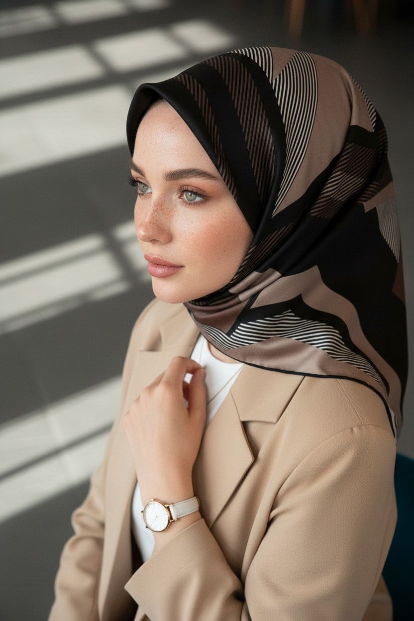 %100 Twill İpek Geometrik Desenli Bej - Siyah Renkli 90x90 Eşarp Dikim Şekli : El Dikişi