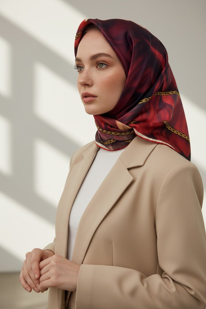 % 57 İPEK % 43 VİSKON Twill İpek Çiçek Geometrik Desenli kırmızı Renkli 90x90 Eşarp Dikim Şekli : El Dikişi