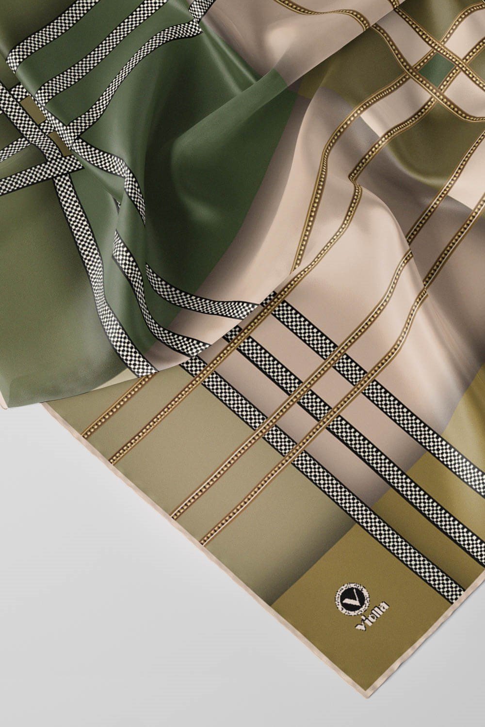 Twill Geometrik Desenli Zümrüt Yeşili - Haki Yeşili Renkli 90x90 Eşarp (İpek İçermez) Kenar Dikiş Şekli El Dikişli