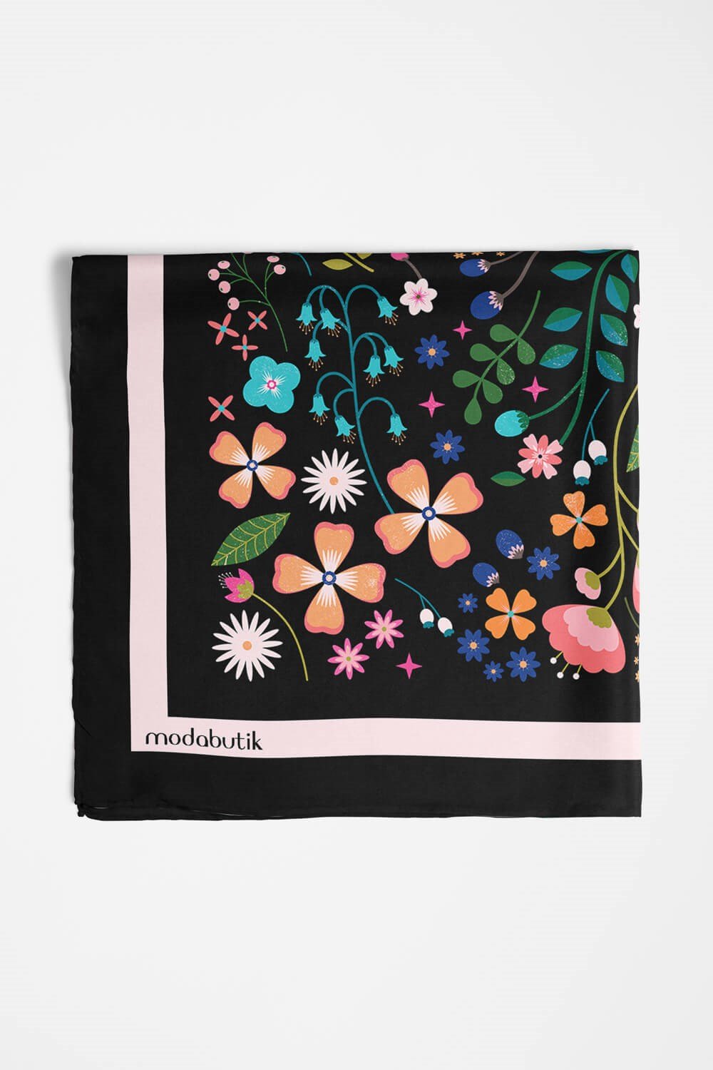 Violla Kadın Siyah Pembe Çiçek Desenli 50x50 Bandana HYL DG01696-22