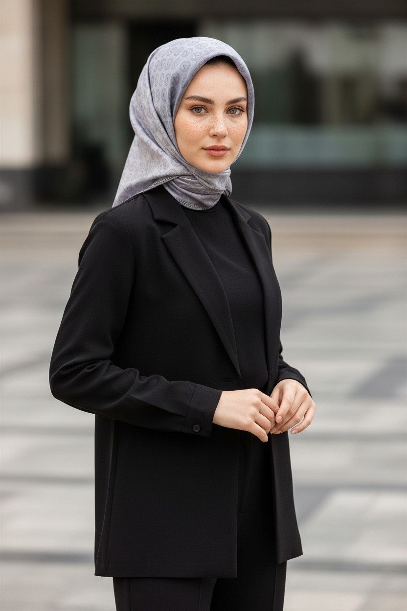 % 57 İPEK % 43 VİSKON Twill İpek Monogram Desenli Gümüş Renkli 90x90 Eşarp Dikim Şekli : El Dikişi
