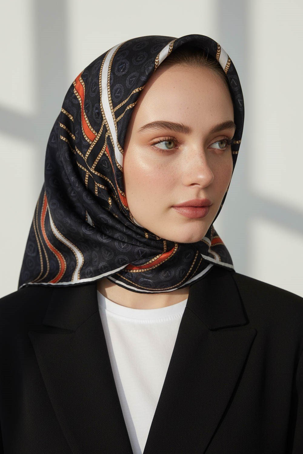 %100 Twill İpek Gold Şeritli Monogram Desenli Siyah - Taba Renkli 90x90 Eşarp Dikim Şekli : El Dikişi