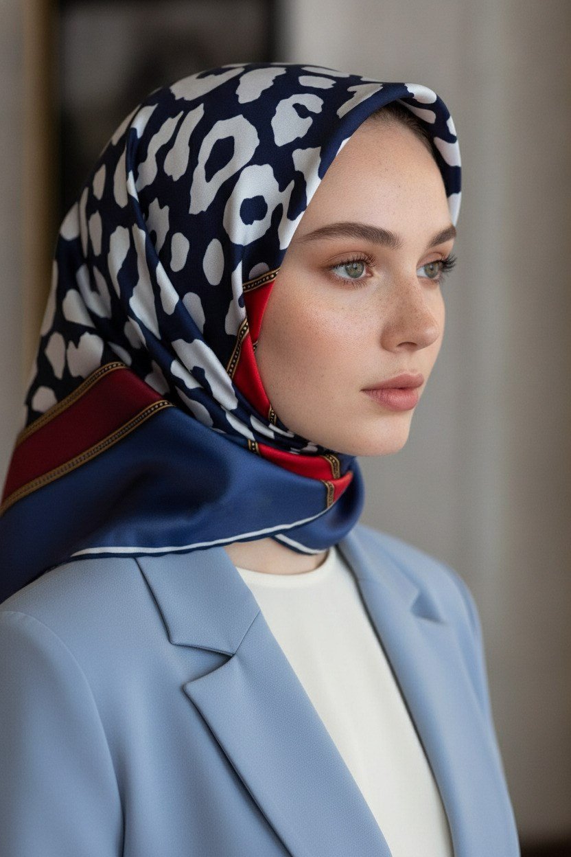 %100 Twill İpek Leopar Desenli İndigo - Kırmızı Renkli 90x90 Eşarp Dikim Şekli : El Dikişi