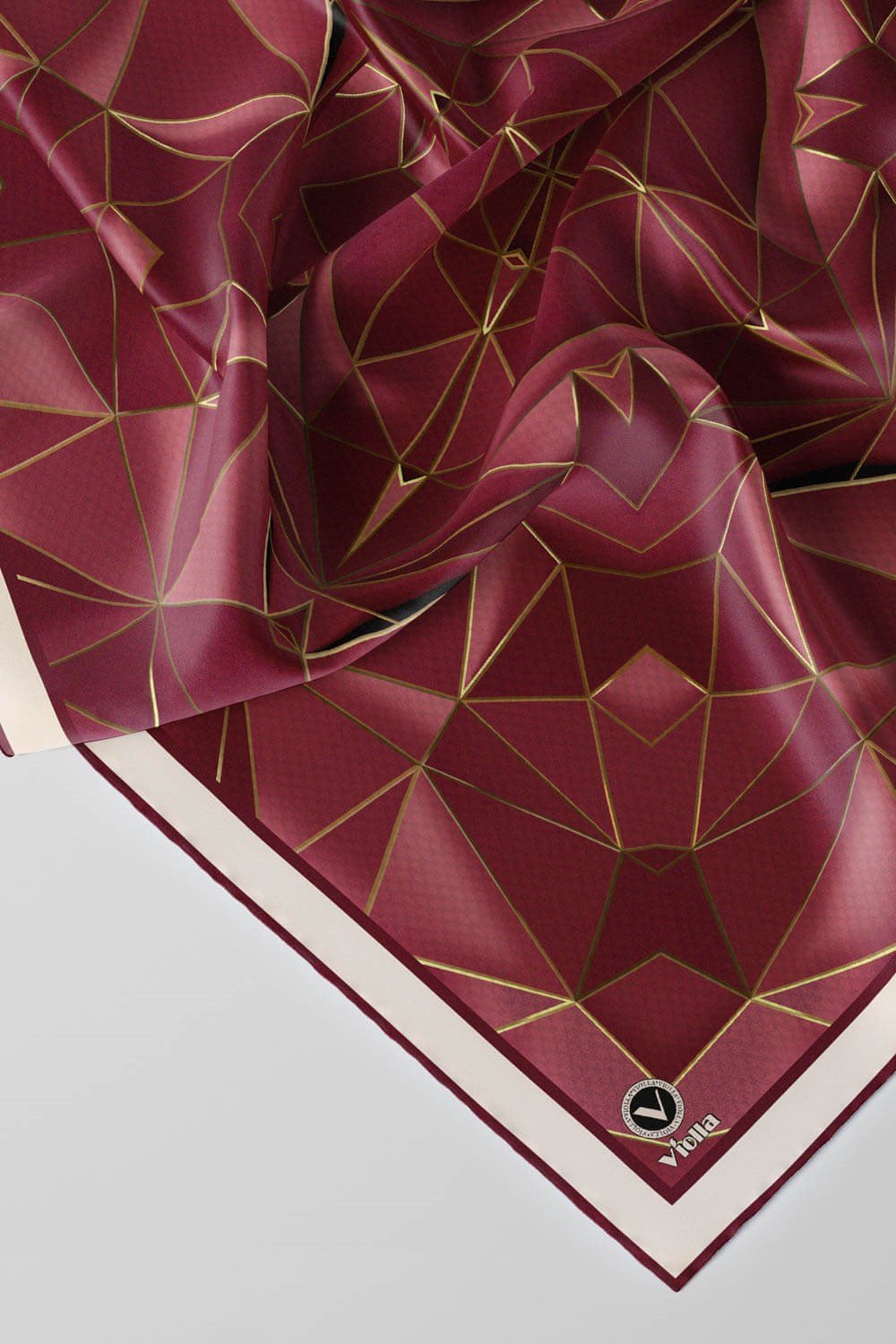 Twill Geometrik Desenli Mürdüm Renkli 90x90 Eşarp (İpek İçermez) Kenar Dikiş Şekli El Dikişli