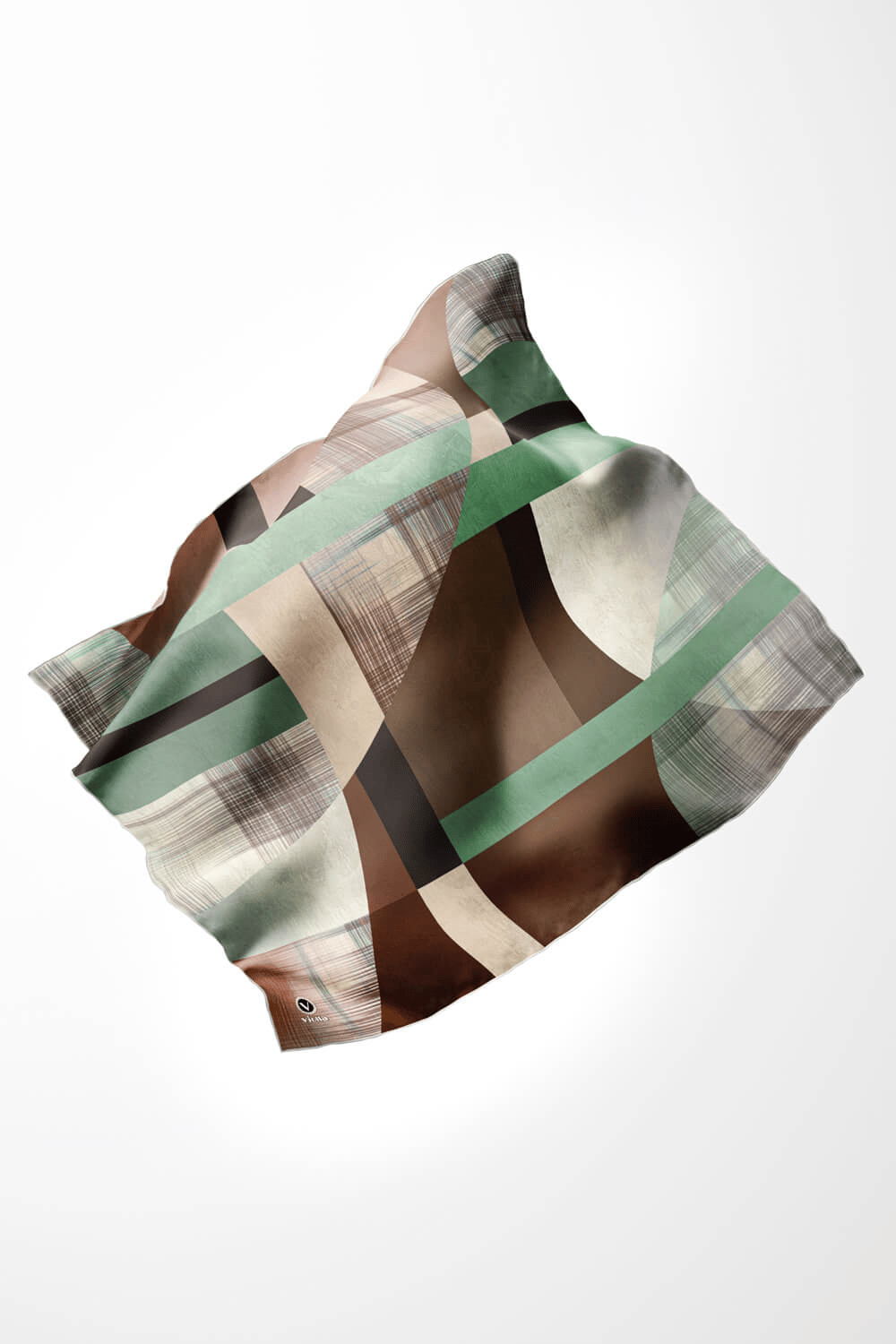 Twill Geometrik Desenli Kahverengi Renkli 90x90 Eşarp (İpek İçermez) Kenar Dikiş Şekli El Dikişli