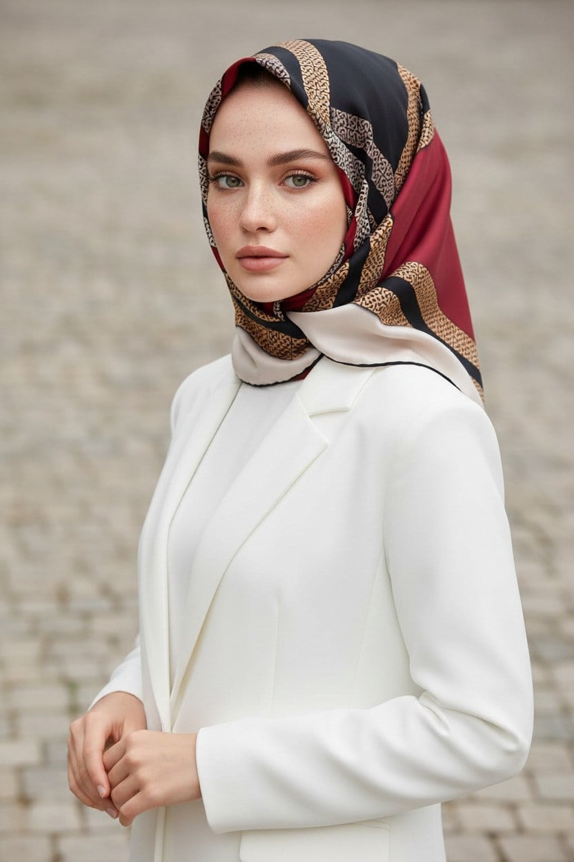 %100 Twill İpek Geometrik Desenli Siyah - Bordo Renkli 90x90 Eşarp Dikim Şekli : El Dikişi