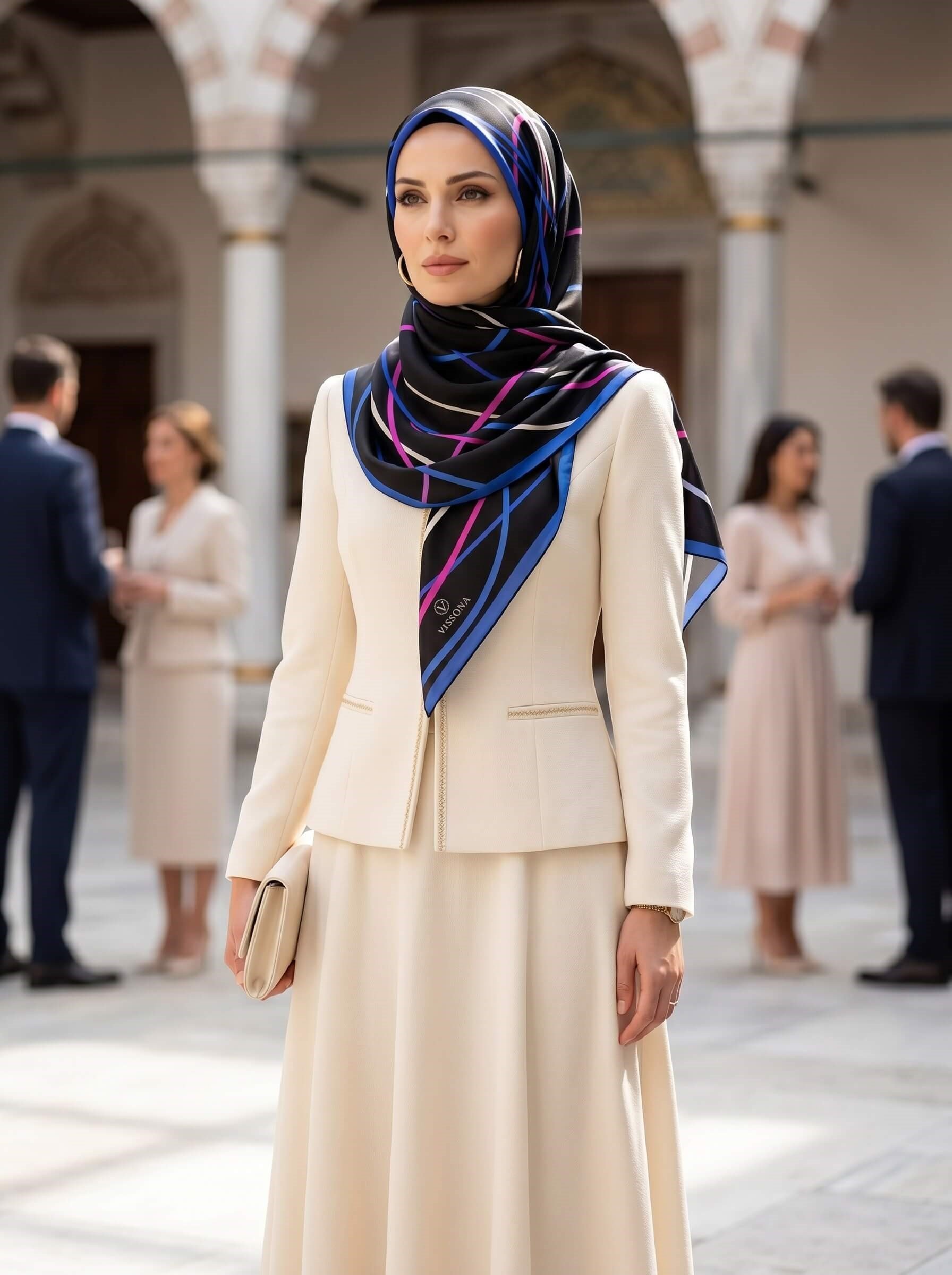 %100 Saf İpek Şal İnce Saten Vual Dokuma Çizgi Desenli Siyah - Saks Renkli 90x210 Şal
