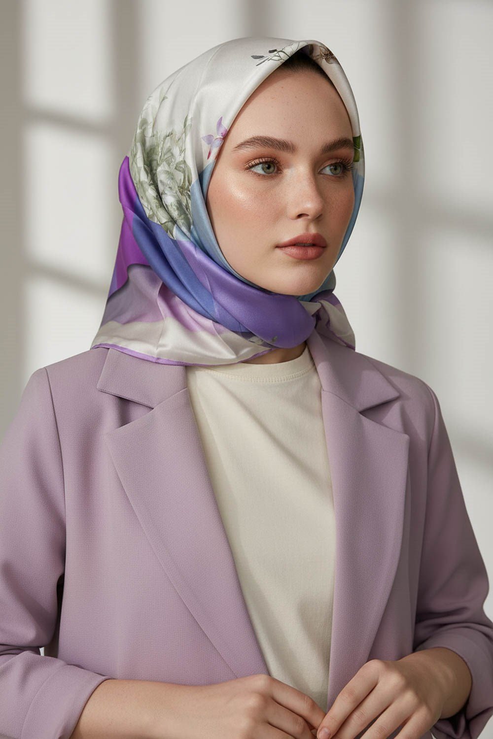 %100 Twill İpek Kareli Ve Çıtır Çiçek Desenli Lila - Bej Renkli 90x90 Eşarp Dikim Şekli : El Dikişi