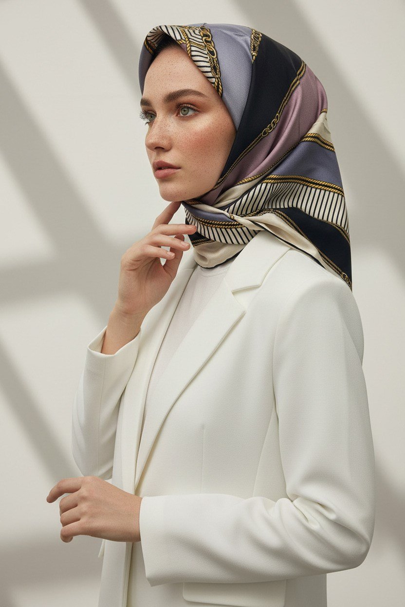 %100 Twill İpek Zincir Detaylı Geometrik Desenli Gri - Pudra Renkli 90x90 Eşarp Dikim Şekli : El Dikişi