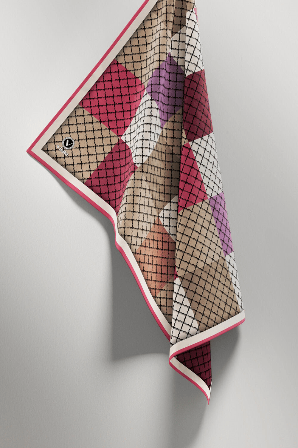 Twill Kare Desenli Pembe Renkli 90x90 Eşarp (İpek İçermez) Kenar Dikiş Şekli El Dikişli