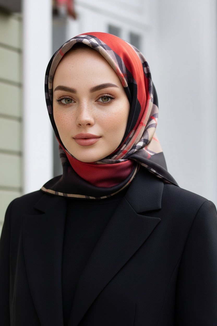%100 Twill İpek Eşarp 90x90 Kırmızı Siyah Ekose Desenli El Dikişli Kadın Eşarp