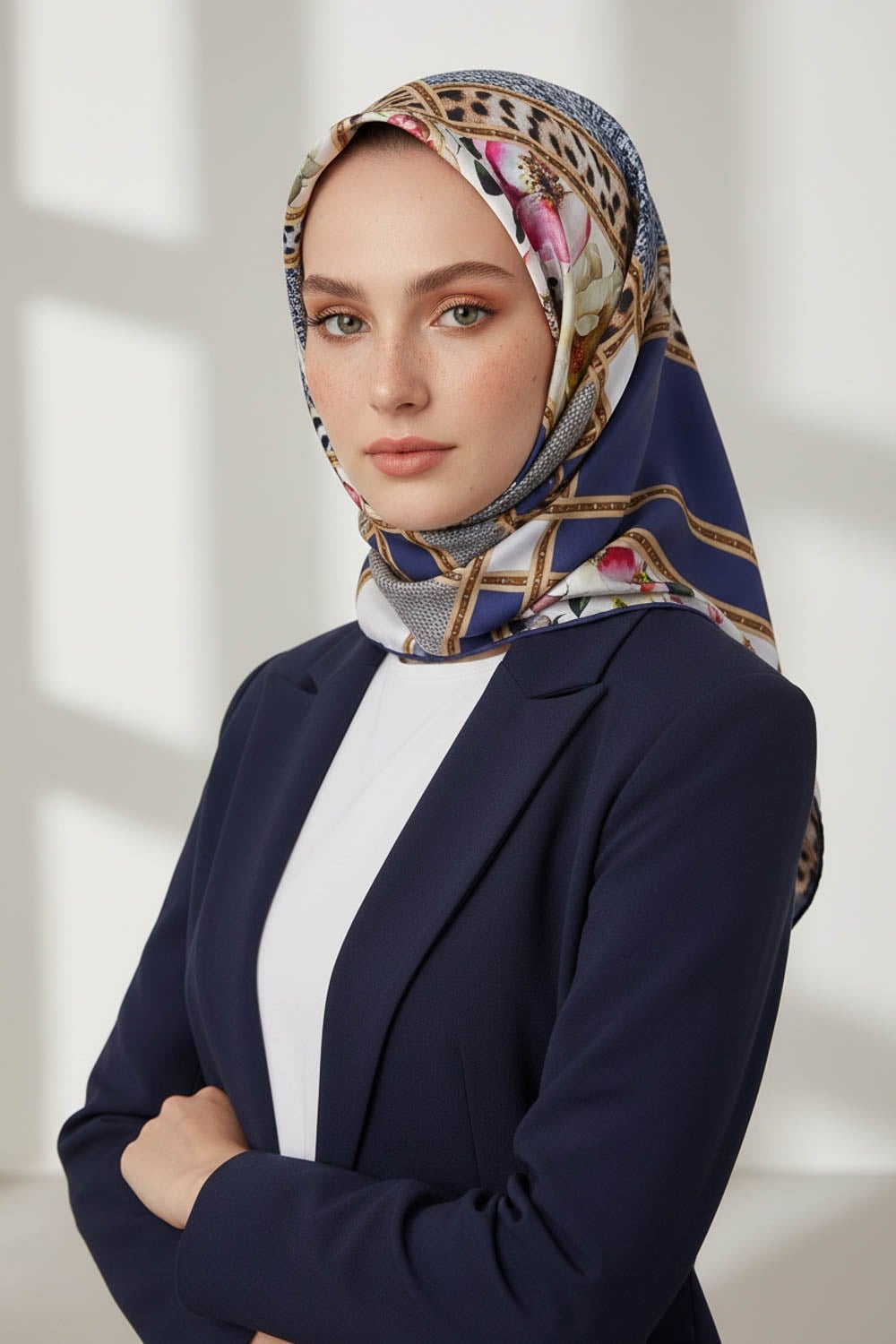 Twill Leopar ve Çiçek Desenli Lacivert - Krem Renkli 90x90 Eşarp (İpek İçermez) Dikim Şekli : El Dikişi