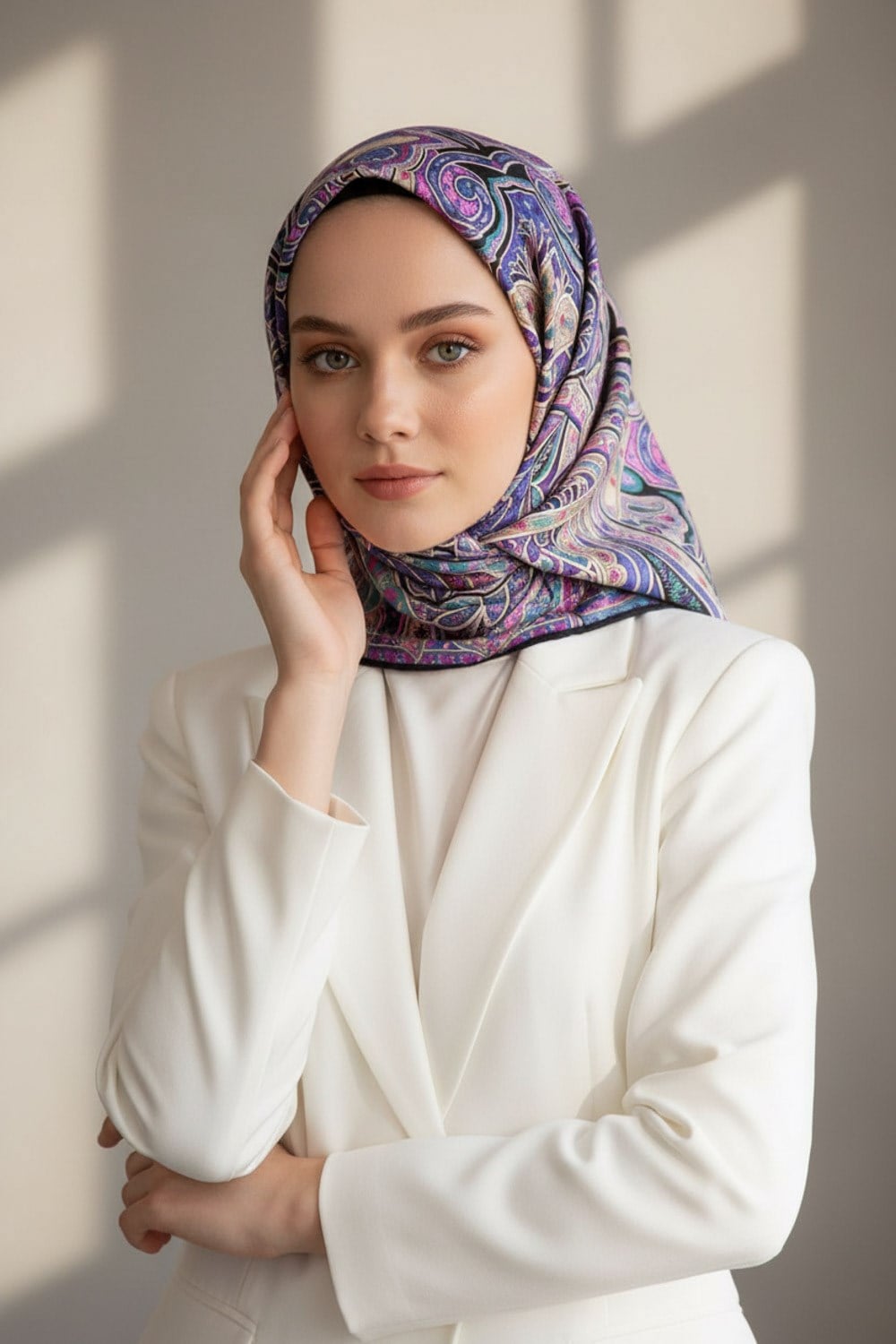 100% Twill İpek Etnik Desenli Mor - Petrol Yeşili Renkli 90x90 Dikim Şekli : El Dikişi Eşarp