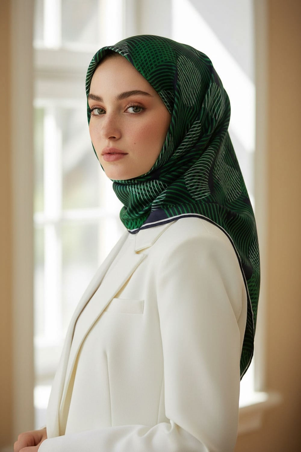 %100 Twill İpek Çizgili Çiçek Desenli Lacivert - Zümrüt Yeşili Renkli 90x90 Eşarp Dikim Şekli : El Dikişi