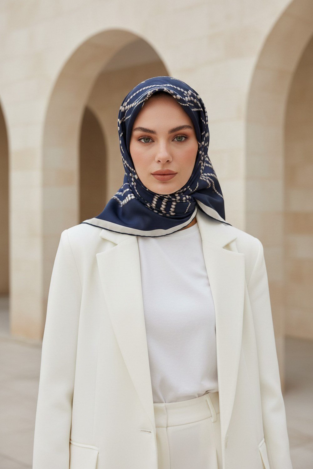 %100 Twill İpek İnci Desenli Lacivert - Beyaz Renkli 90x90 Eşarp Kenar Dikiş Şekli : El Dikişli