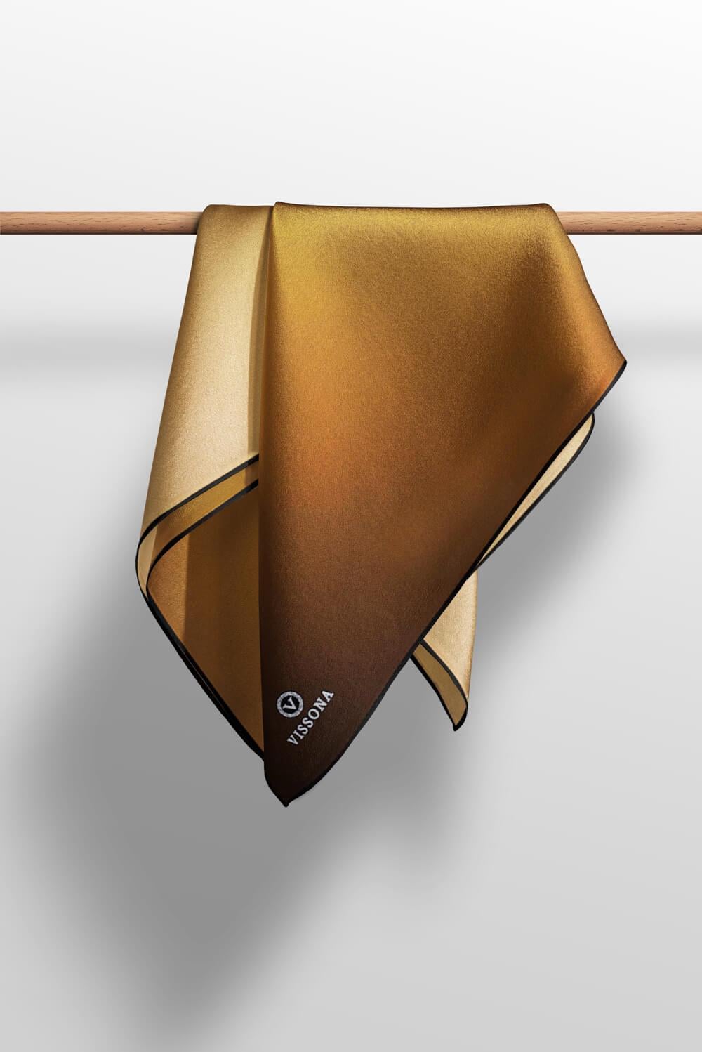 %100 Twill İpek Degrade Desenli Gold Renkli 90x90 Eşarp Dikim Şekli : El Dikişi