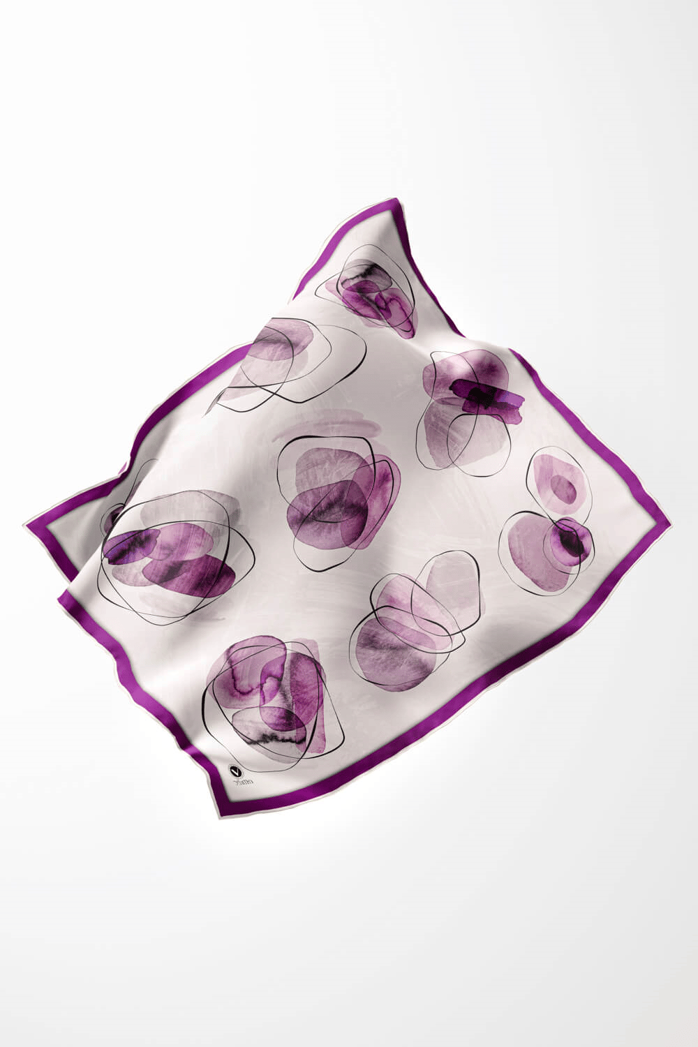 Twill Sulu Boya Geometrik Desenli Mürdüm Renkli 90x90 Eşarp (İpek İçermez) Kenar Dikiş Şekli El Dikişli