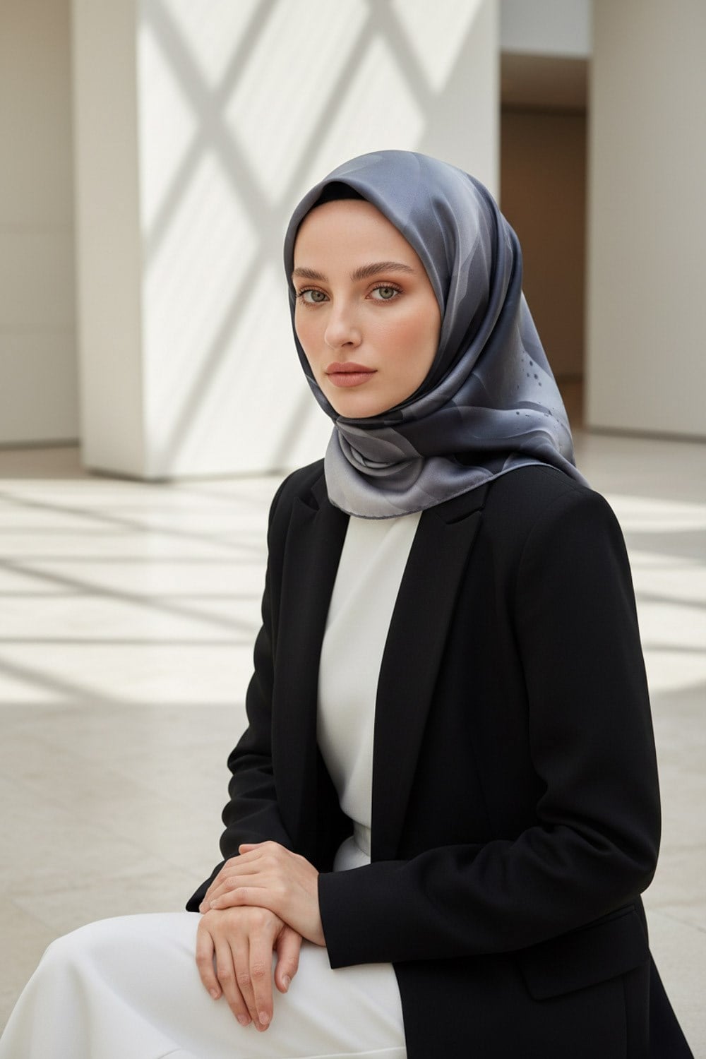 %100 Twill İpek Çiçek Desenli Gümüş Renkli 90x90 Eşarp Dikim Şekli : El Dikişi