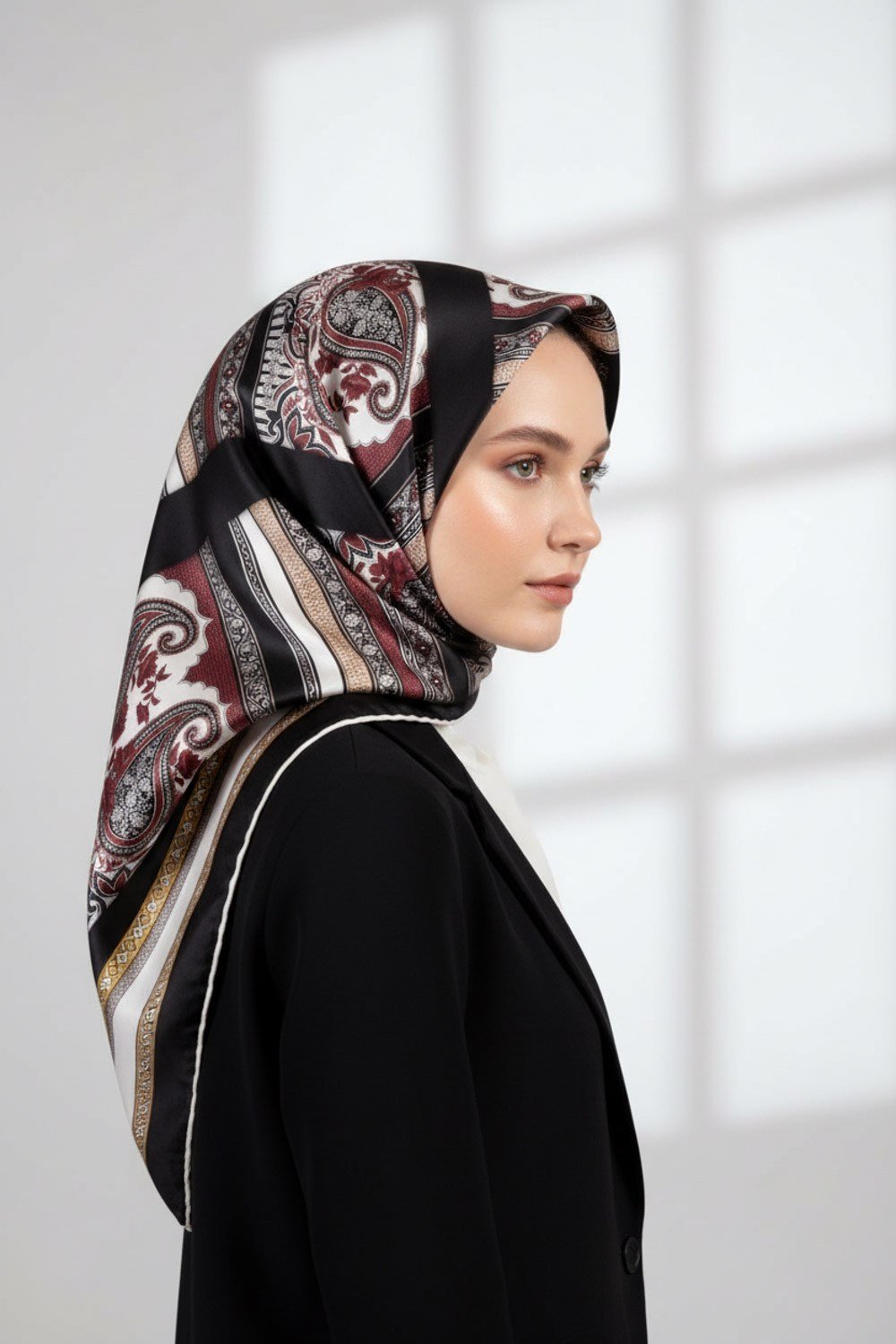 Twill Şal Desenli Siyah Renkli 90x90 Eşarp (İpek İçermez) Kenar Dikiş Şekli El Dikişli