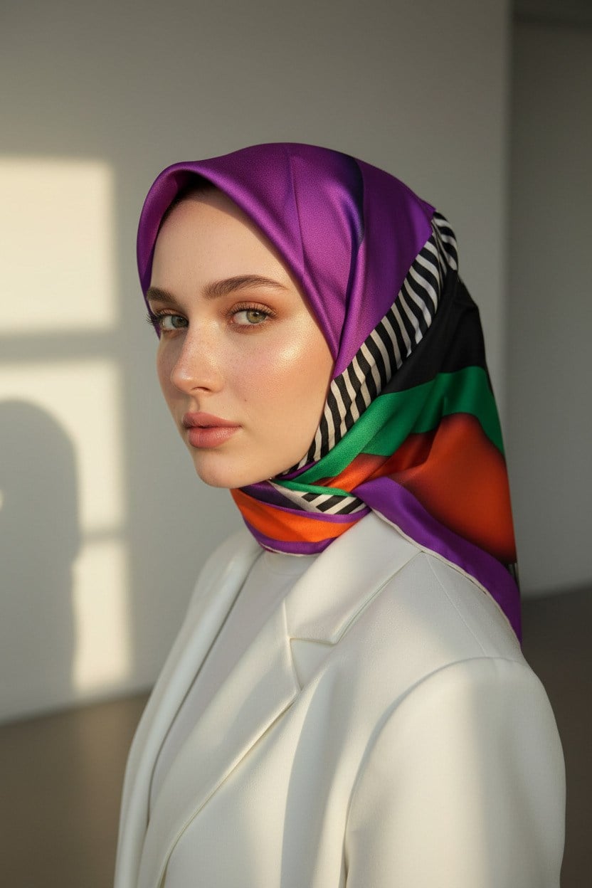 %100 Twill Renk Bloklu Çizgili Desenli Mor - Zümrüt Yeşili Renkli 90x90 Eşarp Dikim Şekli: El Dikişii