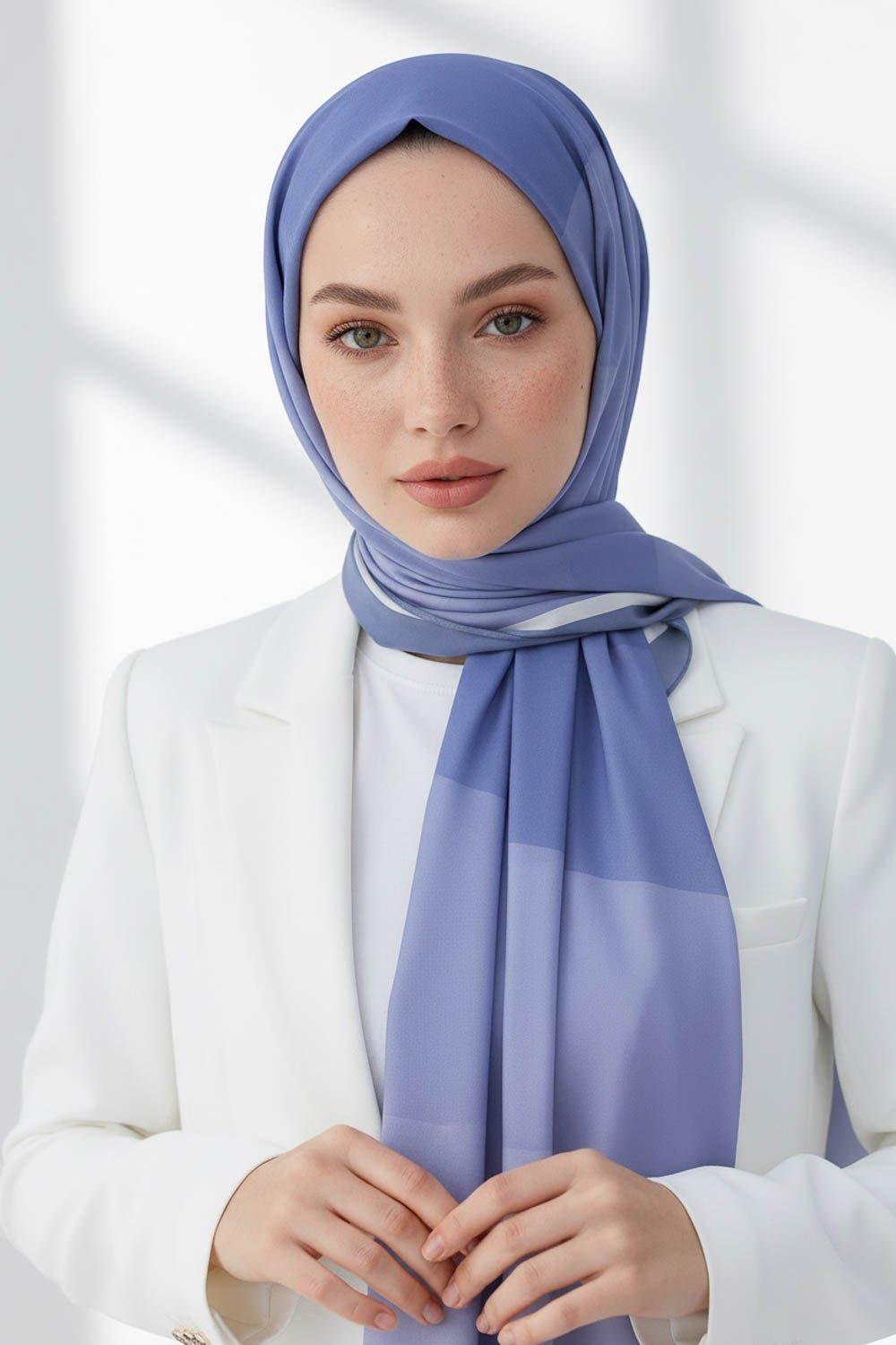 KREP GEOMETRİ DESENLİ BEBE MAVİSİ RENKLİ 75X195 KIRIŞMAZ ŞAL