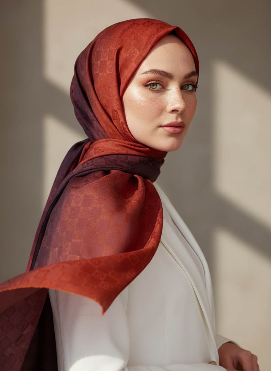 Vissona %57 İPEK %43 PAMUK Degrade Desenli Taba Renkli Şal -  70x190 Dikiş Tipi İtalyan Dikişli