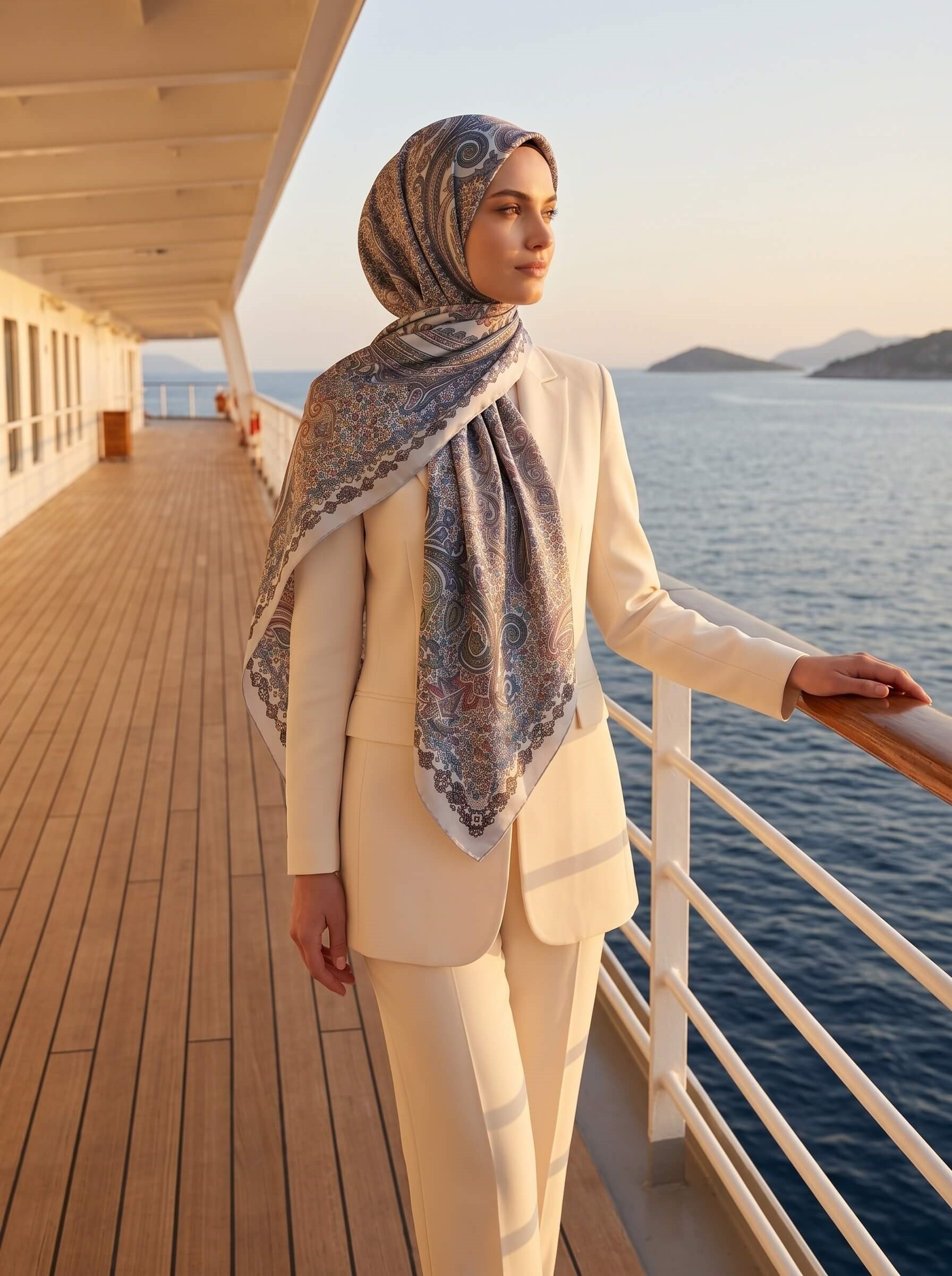 100% İpek Etro Desenli Bebe Mavisi - Pembe Renkli 92x210 Şal