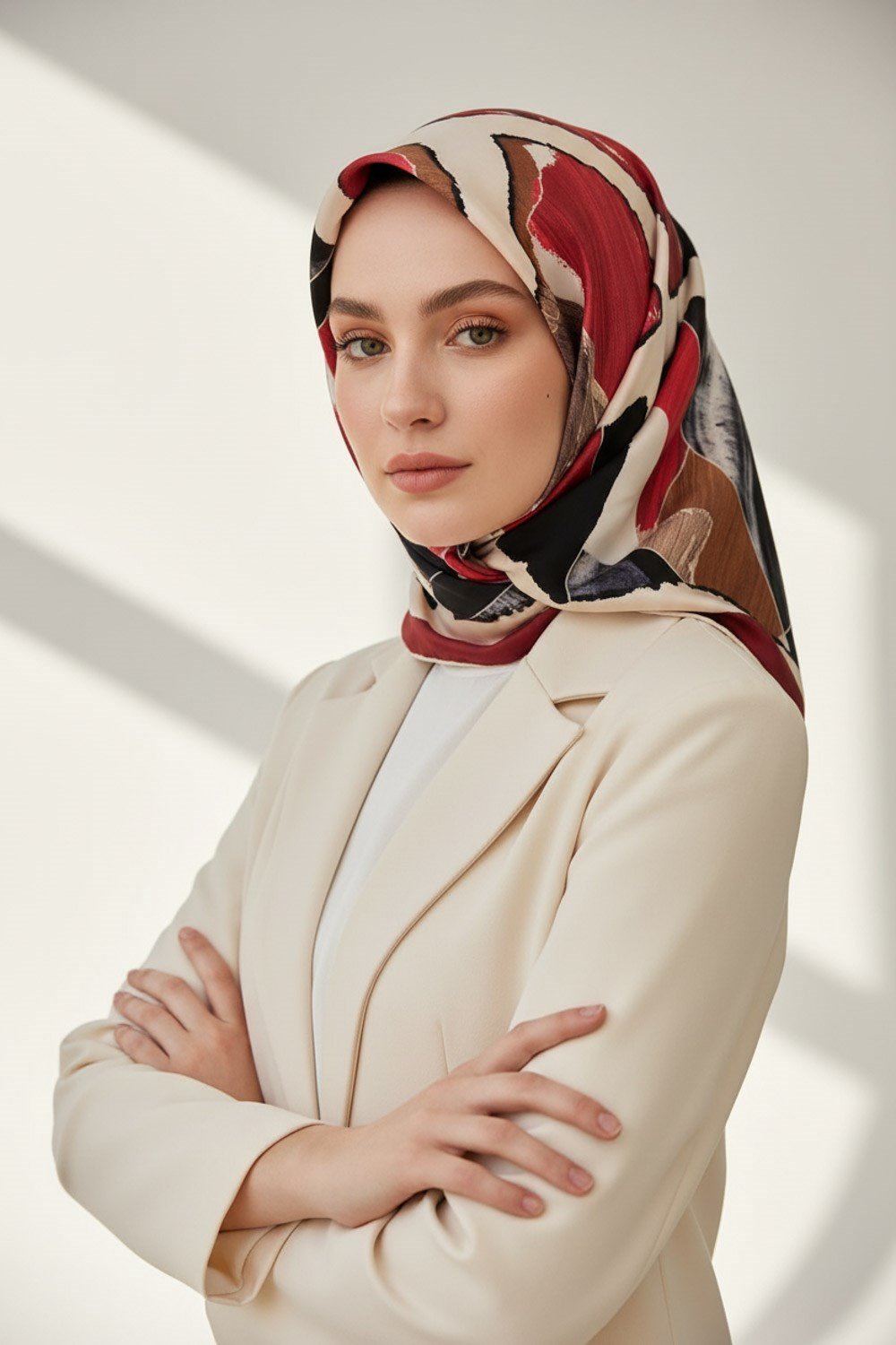 %100 Twill İpek Geometrik Desenli Bordo - Bej Renkli 90x90 Eşarp Dikim Şekli : El Dikişi