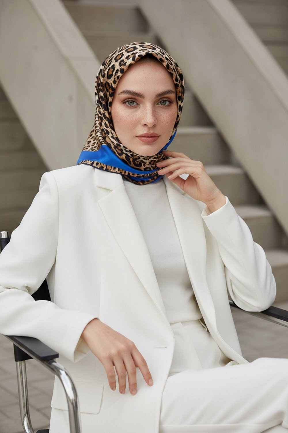 %100 Twill İpek Leopar Desenli Saks Renkli 90x90 Eşarp Dikim Şekli : El Dikişi