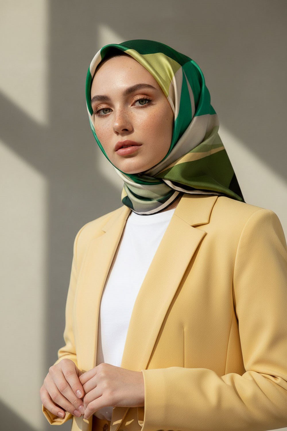 %100 Twill İpek Geometrik Desenli Zümrüt Yeşili Renkli 90x90 Eşarp Dikim Şekli : El Dikişi