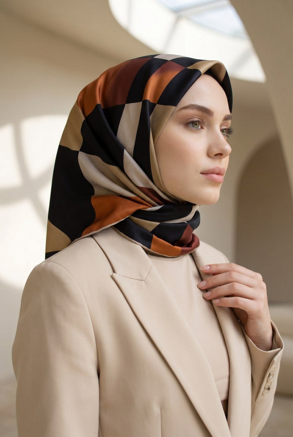%100 Twill İpek Geometrik Desenli Taba - Bej Renkli 90x90 Eşarp Dikim Şekli : El Dikişi