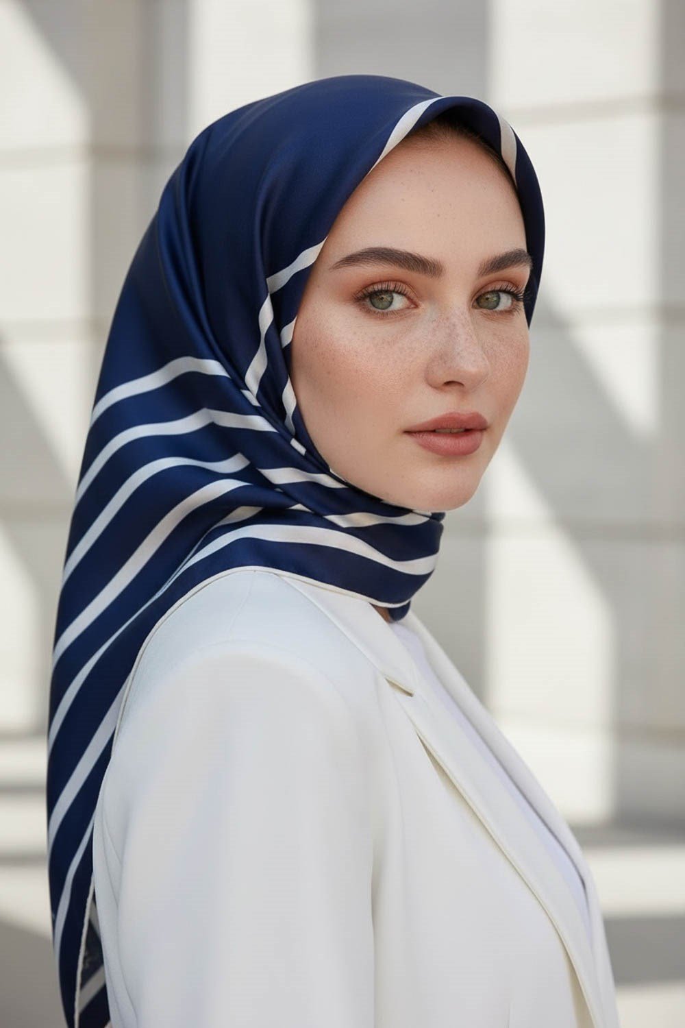 %100 Twill İpek Çizgili Desenli Lacivert - Krem Renkli 90x90 Eşarp Dikim Şekli : El Dikişi