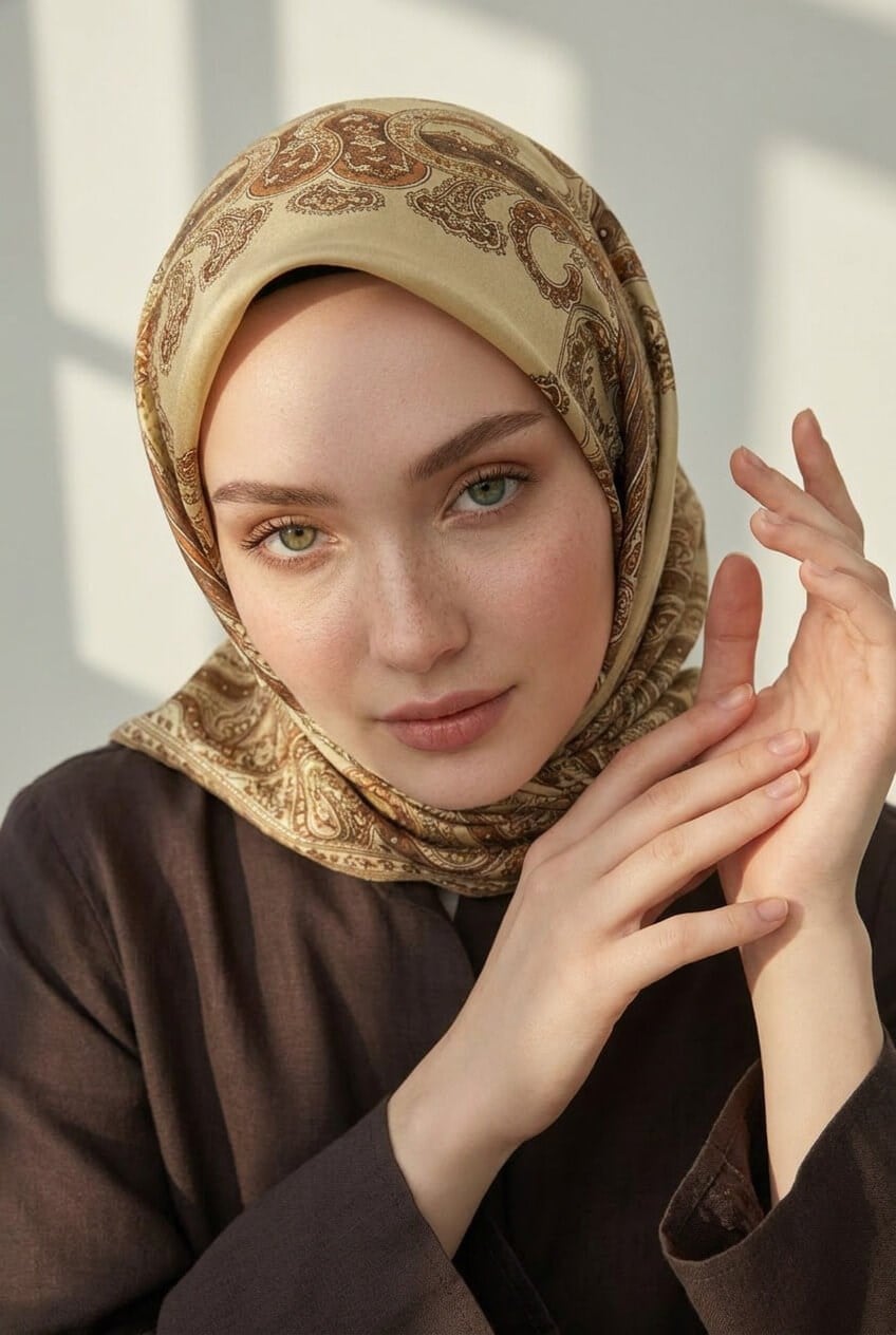 %100 Twill İpek Şal Desenli Bej - Kahverengi Renkli 90x90 Eşarp Dikim Şekli : El Dikişi