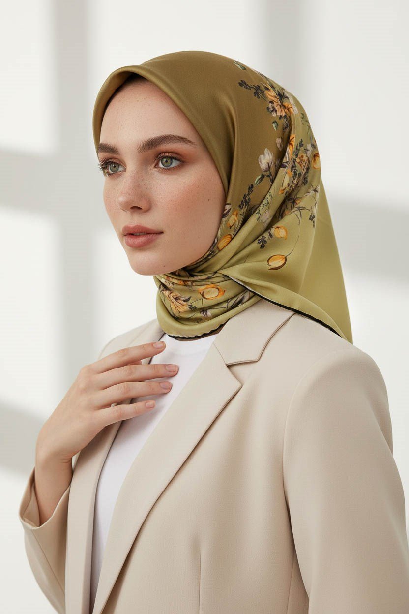 %100 Twill İpek Sonsuz Çiçek Desenli Yağ Yeşili Renkli 90x90 Eşarp Dikim Şekli : El Dikişi