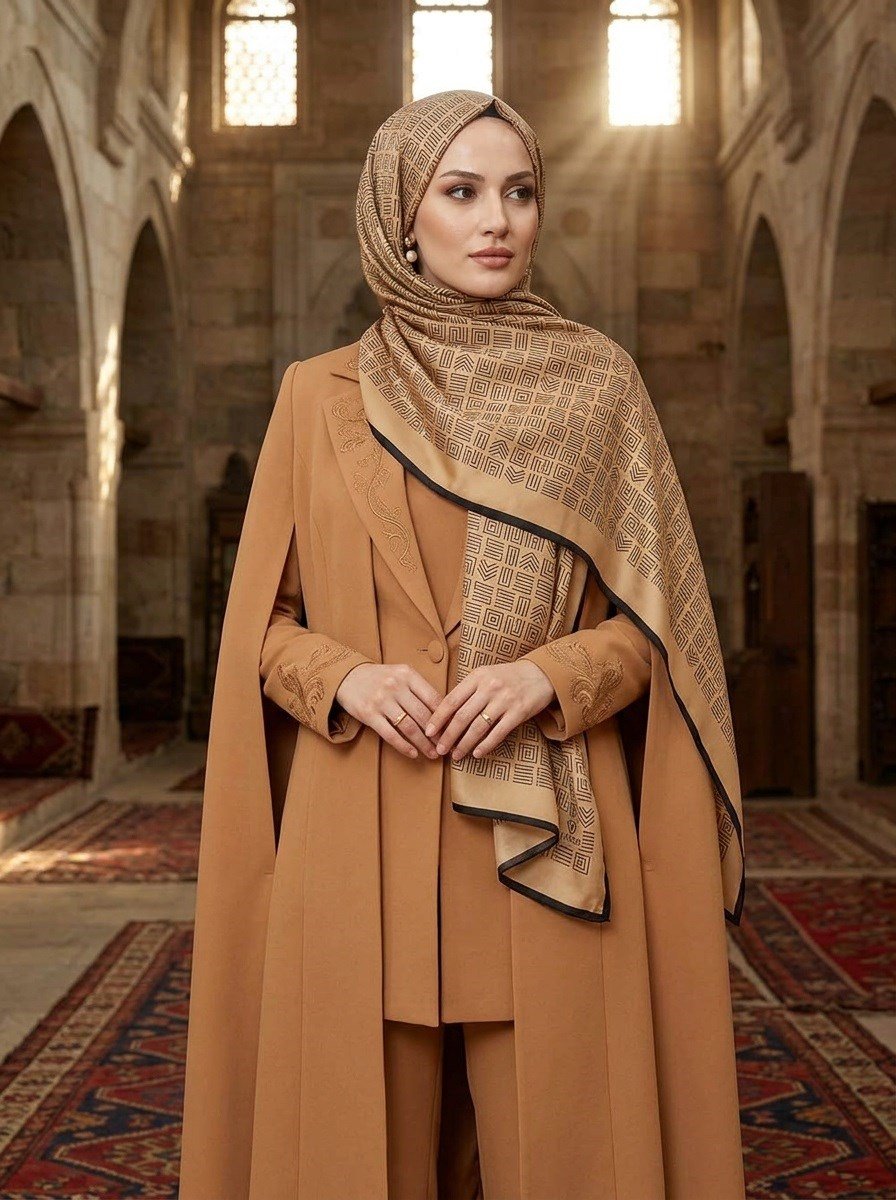 %100 Saf İpek Şal İnce Saten Vual Dokuma Etnik Desenli Gold - Siyah Renkli 90x210 Şal
