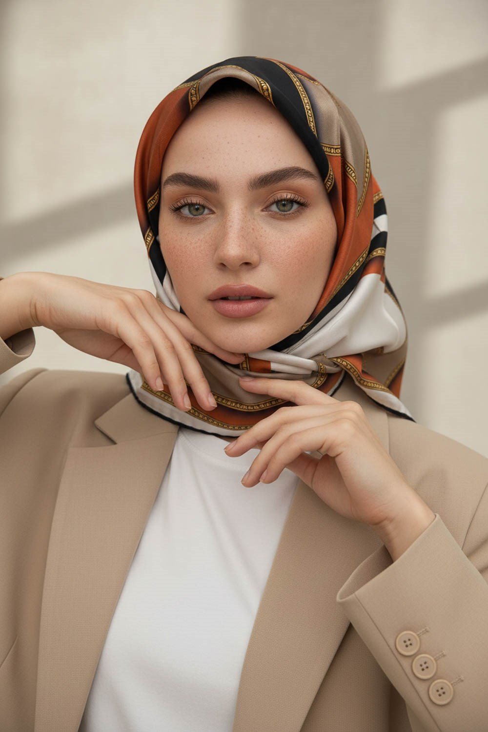 %100 Twill İpek Geometrik Desenli Taba - Bej Renkli 90x90 Eşarp Dikim Şekli : El Dikişi