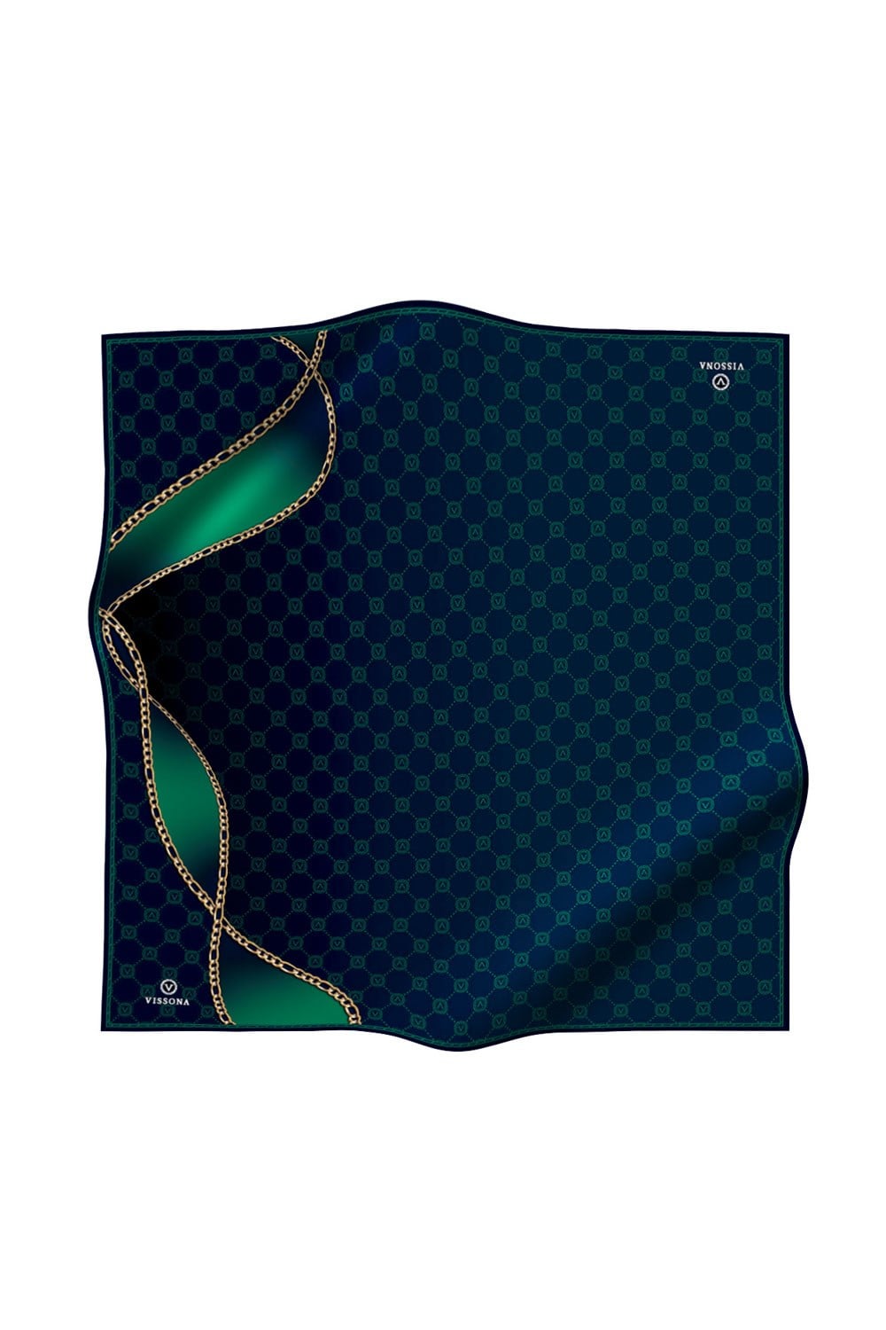 % 57 İPEK % 43 VİSKON Twill İpek Zincirli Ve Monogram Desenli Lacivert - Zümrüt Yeşili Renkli 90x90 Eşarp Dikim Şekli : El Dikişi