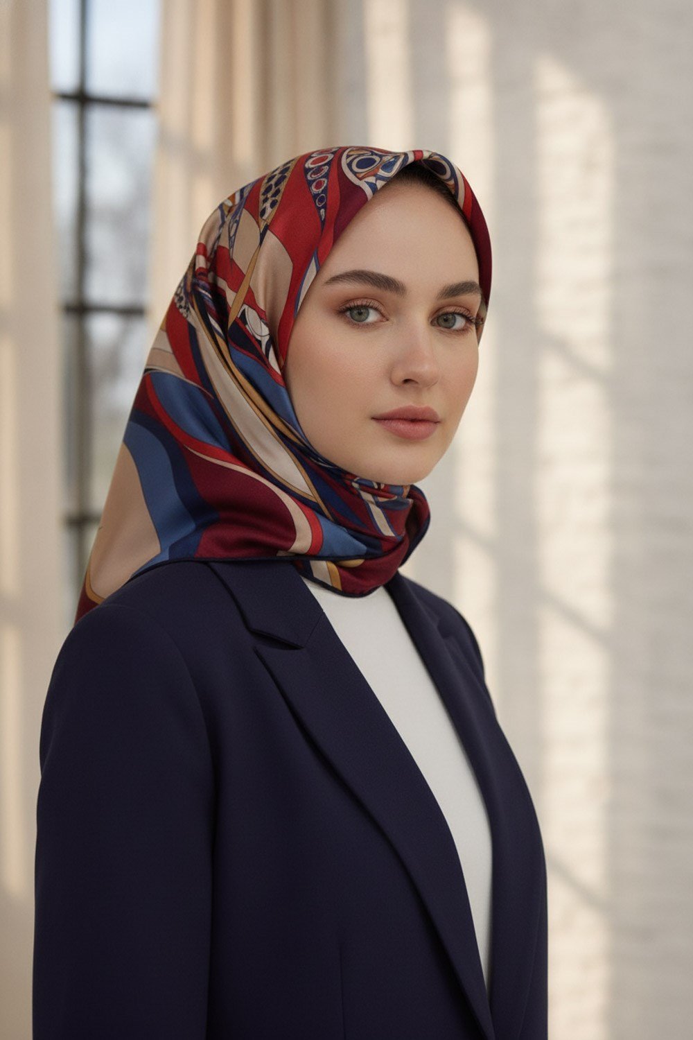 100% Twill Etnik Yaprak Desenli Bordo - Lacivert Renkli 90x90 Dikim Şekli : El Dikişi Eşarp