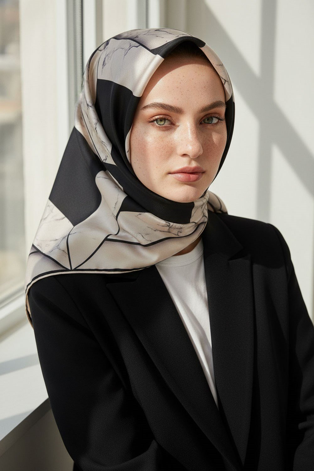 %100 Twill İpek Mermer Desenli Siyah - Krem Renkli 90x90 Eşarp Dikim Şekli : El Dikişi