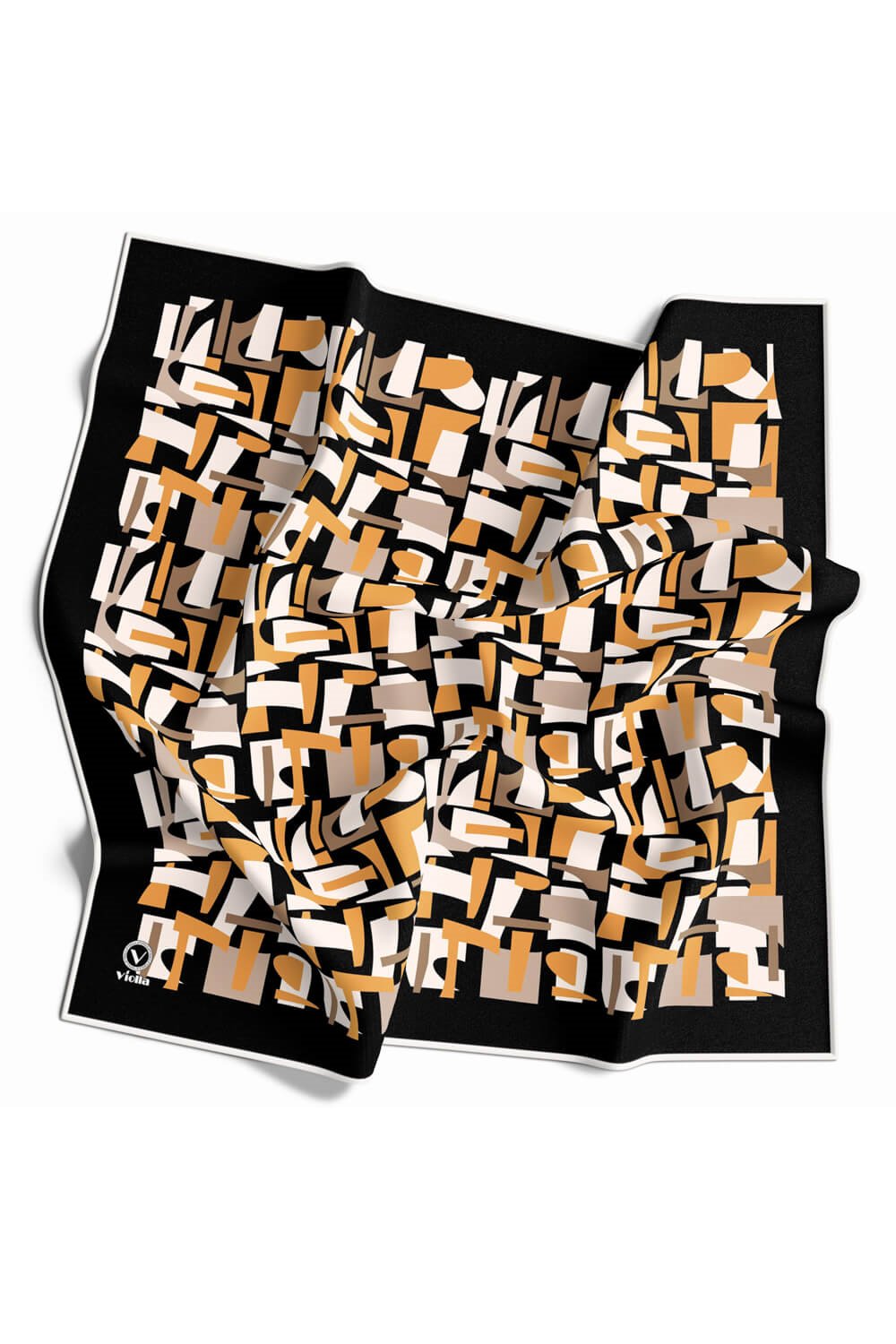 Twill Geometrik Desenli Hardal - Bej Renkli 90x90 Eşarp (İpek İçermez) Dikim Şekli : El Dikişi