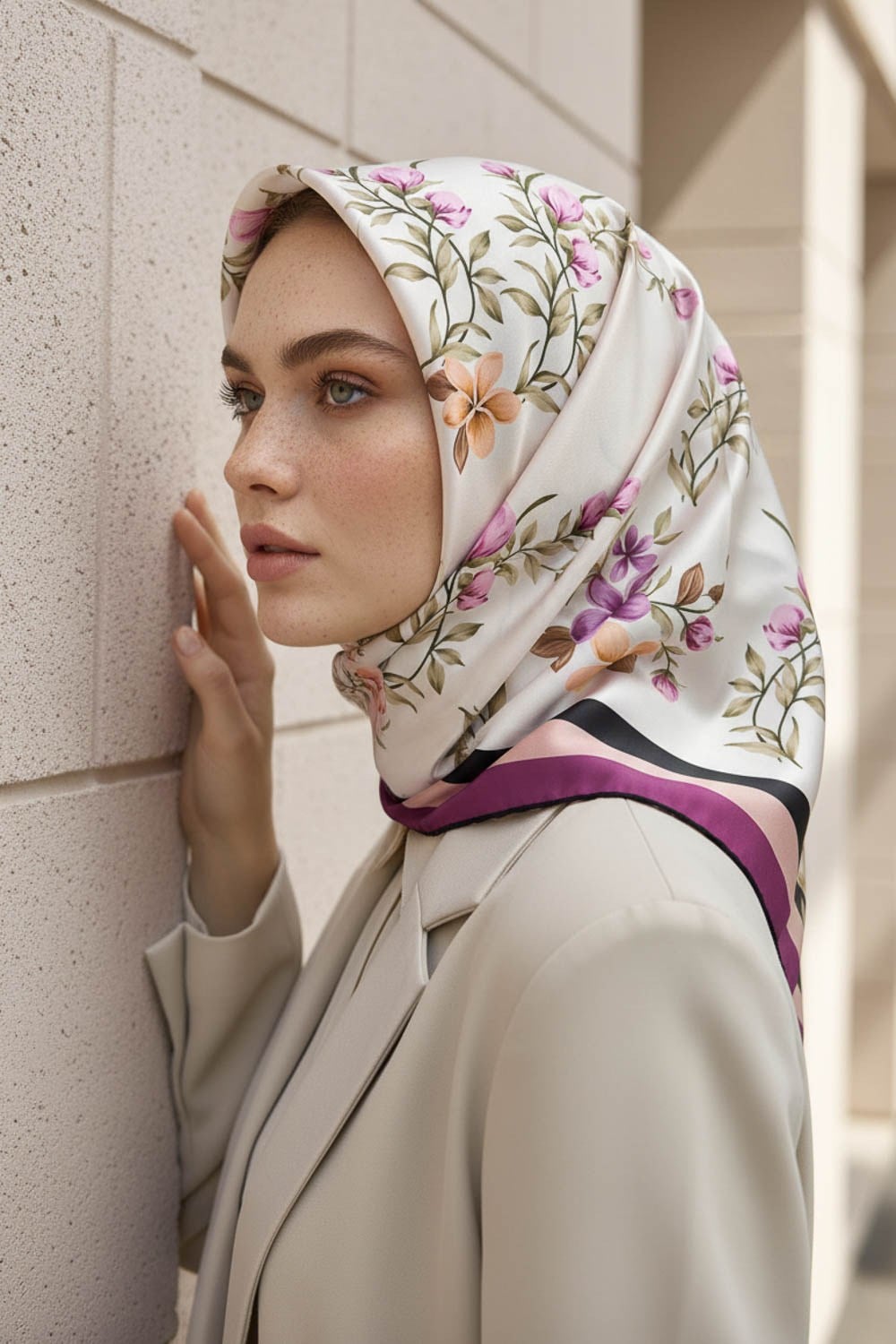Rayon Çiçek Desenli Lila Renkli 90x90 Eşarp (İpek İçermez) Dikim Şekli : El Dikişi