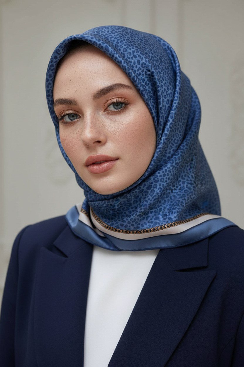 % 57 İPEK % 43 VİSKON Twill İpek Leopar Desenli İndigo - Krem Renkli 90x90 Eşarp Dikim Şekli : El Dikişi