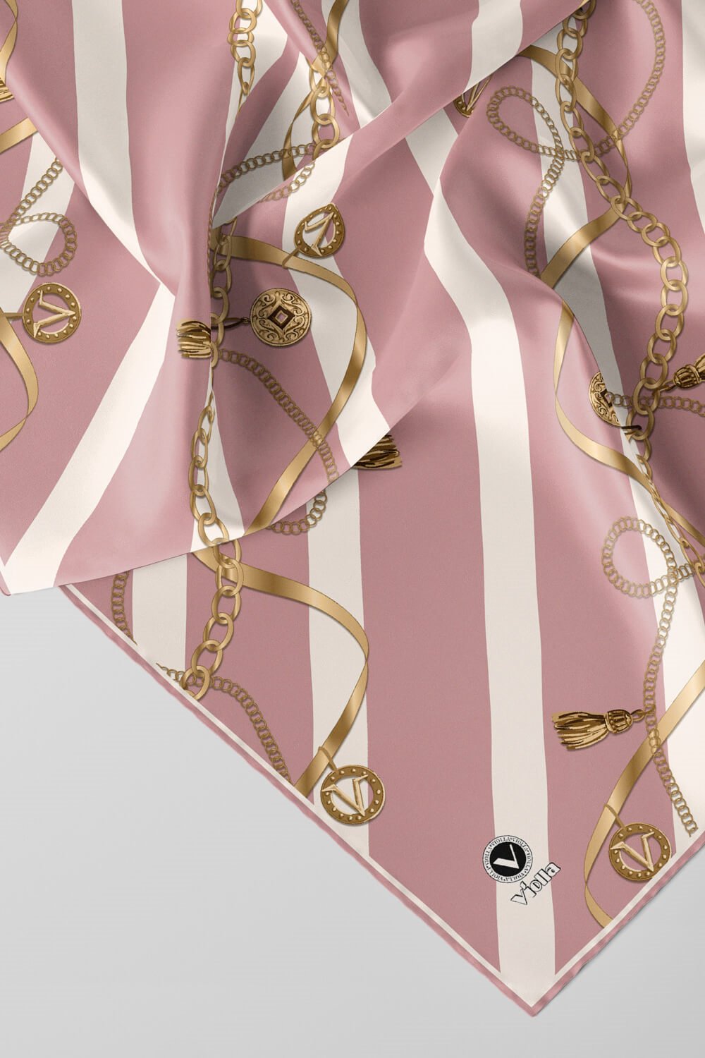 Twill Çizgili Kemer ve Zinci Desenli Pudra Renkli 90x90 Eşarp (İpek İçermez) Kenar Dikiş Şekli El Dikişli